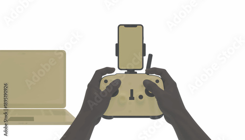 Drone pilot hands holding remote controller with smartphone. Aerial photography technology concept. Flat vector illustration