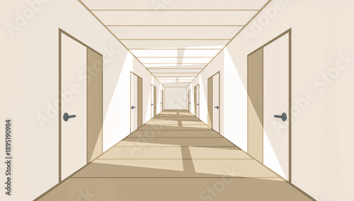 Empty university hallway with doors and perspective view. School or office corridor interior. Flat vector illustration