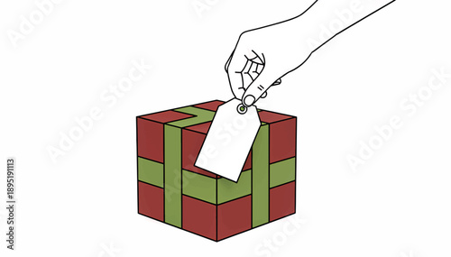 Hand placing blank tag on gift box. Vector illustration of present and holiday concept. Red box with green ribbon