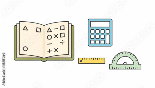 Open notebook with math equations and school supplies. Education and geometry icon set. Flat outline vector illustration