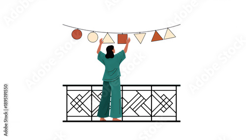 Woman decorating balcony with geometric garland. Flat design vector illustration of female character hanging bunting