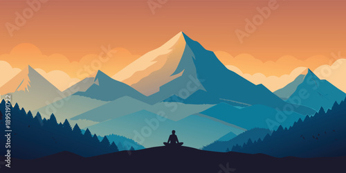 Yogi meditating in mountain range at sunset