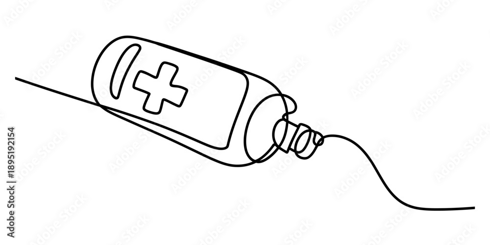 Obraz premium A continuous line drawing of a medical bottle with a cross symbol on a white background Vector, illustration