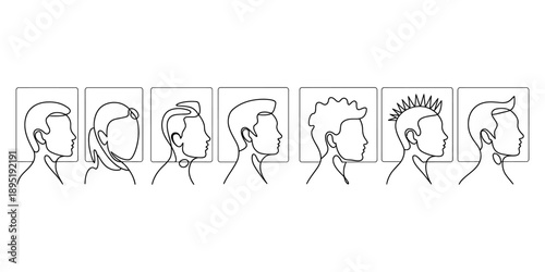 A collection of different human profile illustrations with various hairstyles drawn in continuous line art Vector, illustration