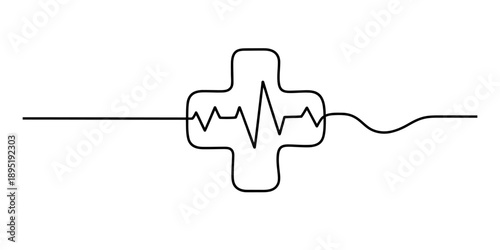 Continuous line drawing of a medical cross with a heartbeat inside it Vector, illustration