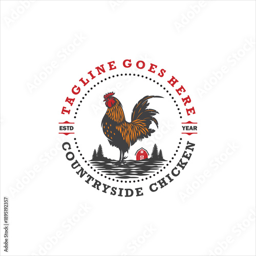 An Emblem Label Style Rooster Countryside Chicken Farm Ranch Logo Design
