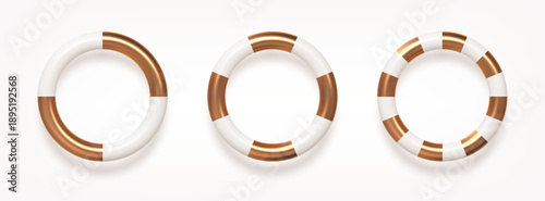 Set of 3D realistic white and gold striped rings. Vector illustration of abstract metallic torus shapes with glossy texture on white background. Luxury geometric design elements.