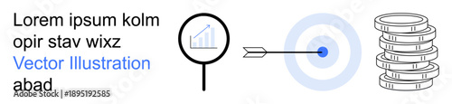 Data analysis, financial management, business strategy, goal achievement, market research, investment planning. Graph under magnifying glass, target with arrow coin stack. Data analysis
