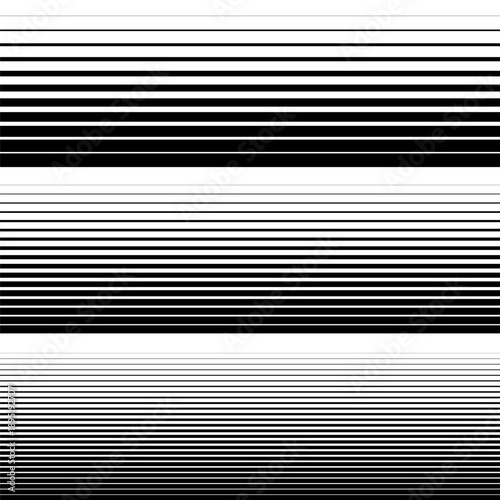 Horizontal black and white lines pattern set. Vector abstract parallel stripes texture. Halftone speed line backgrounds with varying thickness and spacing.