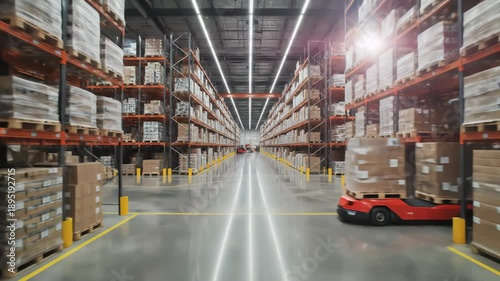 Automated Guided Vehicle Navigates Through a Modern High-Tech Warehouse with Rows of Shelves Stocked with Goods