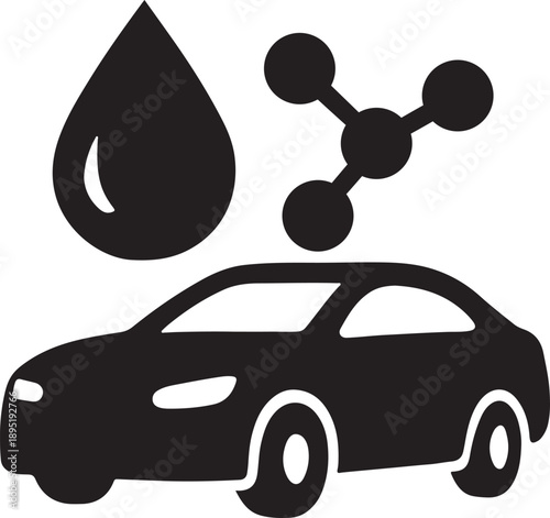 Car icon with droplet and molecule shapes showing hydrogen fuel transport concept silhouette