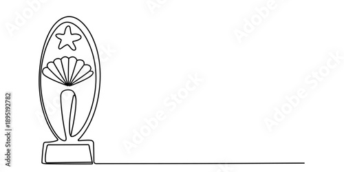 A continuous line drawing illustration of a trophy decorated with starfish and seashell symbols