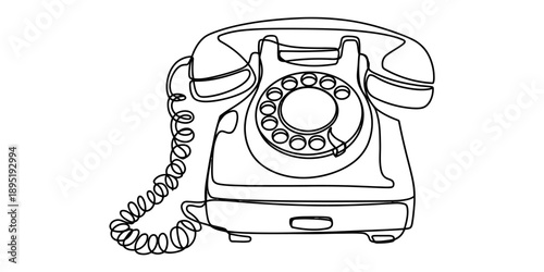 A minimalist single continuous line art drawing of an old-fashioned rotary phone