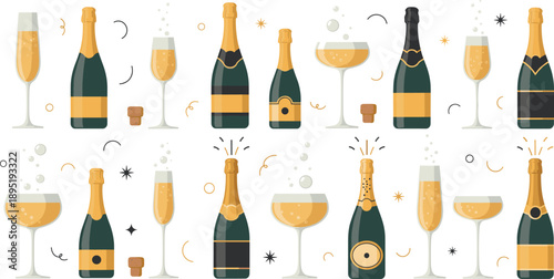 Champagne and Sparkling Wine Vector Illustration Set with Bottles, Glasses, Corks, and Bubbles for Celebration, Party, and Luxury Event Designs