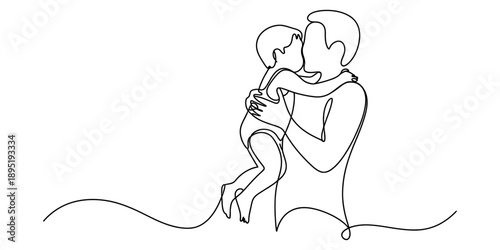 Continuous line art of father embracing his child with love and affection Vector, illustration