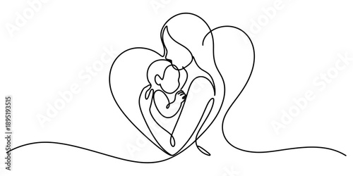 Continuous line art illustration of a mother embracing her baby inside a heart shape Vector, illustration