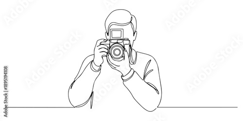 Continuous one line of a photographer holding a vintage camera, symbolizing creativity and capturing moments, drawn vector illustration.