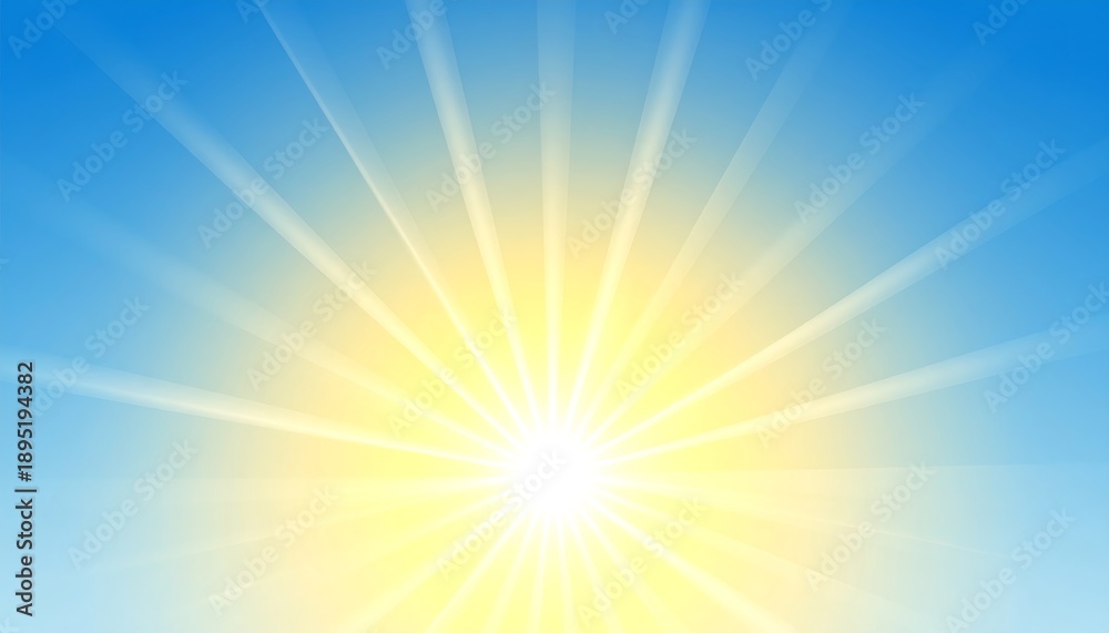 Obraz premium Graphic with a bright sunburst of yellow rays emanating from a point at the center, against a gradient blue sky