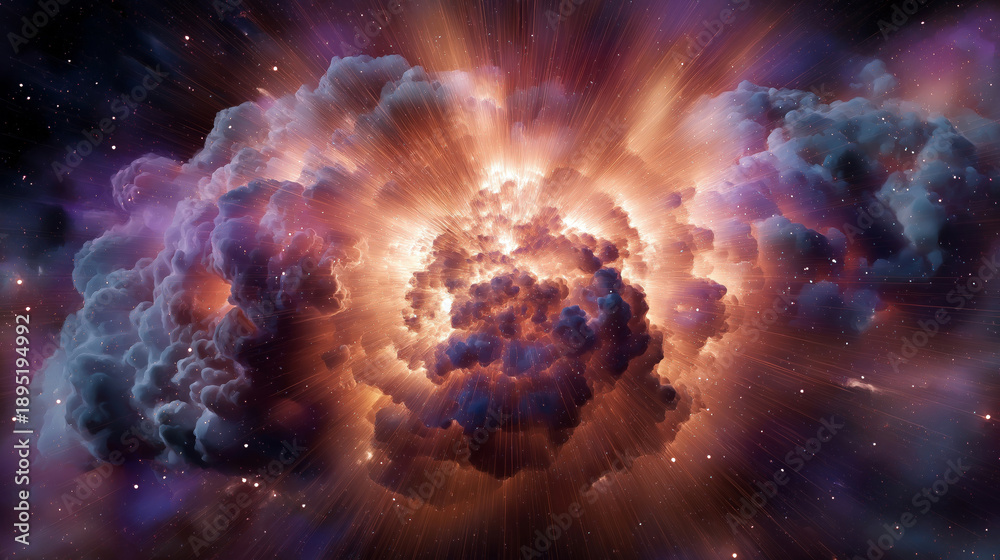Fototapeta premium Powerful supernova explosion in deep space with glowing clouds of gas and bright light spreading across the universe