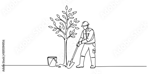 Continuous one line of a gardener planting a tree, symbolizing sustainability and growth, drawn vector illustration.