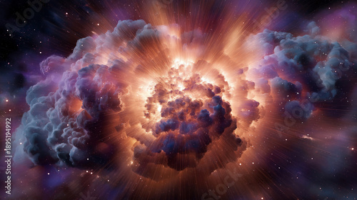 Powerful supernova explosion in deep space with glowing clouds of gas and bright light spreading across the universe