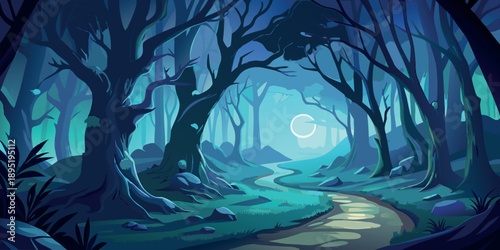 Magical enchanted forest at night with glowing fireflies and moonlit path