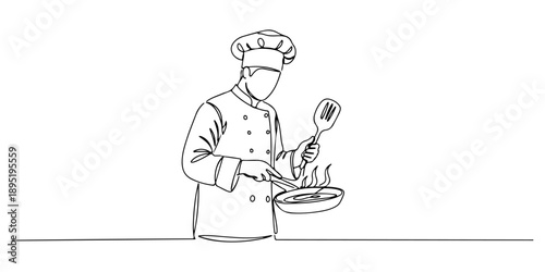 Continuous one line of a chef cooking in a pan, representing culinary creativity, drawn vector illustration.