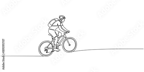 Continuous one line of a cyclist riding a mountain trail, symbolizing adventure and endurance, drawn vector illustration.