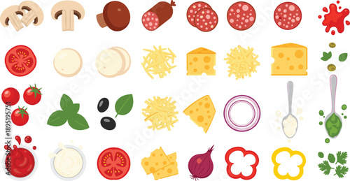 Pizza Ingredient Vector Icon Set with Cheese, Mushrooms, Tomatoes, Sausage, Olives, Sauce, Herbs, and Toppings for Cooking and Menu Designs