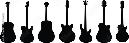 Flat vector silhouettes of various guitar types, acoustic and electric models, black icons, music instrument design, string instrument illustration