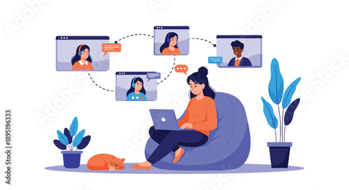 A woman working from home, connected to remote colleagues via a network of video calls and online chat, illustrating modern virtual collaboration.