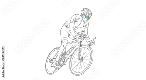 An illustration of a male cyclist riding a road bike in full gear, featuring a helmet and colorful sunglasses, on a clean white background.
