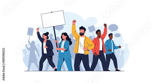Diverse group of people protesting, holding blank signs and raising fists, symbolizing activism and unity.