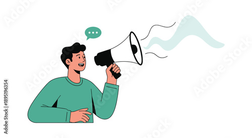 A cheerful man speaks into a megaphone, making an announcement and sharing information, with sound waves indicating active communication.