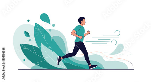 An active man runs outdoors amidst green foliage and flowing wind, embodying health and movement.