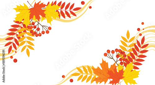 Vibrant autumn leaves and red berries adorn two corners of a clean white background, creating a festive fall border with decorative wavy lines.