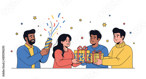 A diverse group of friends celebrates a special occasion with a party popper and exchanges beautifully wrapped gifts, showing joy and camaraderie.