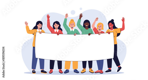 A diverse group of women stand together, holding a large blank banner, and waving enthusiastically.