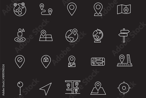 Flat location icon set vector with GPS pin, map and navigation symbols for travel apps and geolocation.