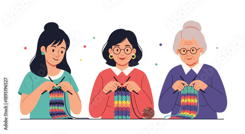 Three women of different generations, from young to elderly, happily knit colorful fabrics together, showcasing a shared hobby.