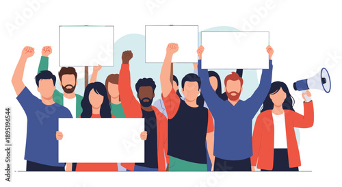 Diverse group of people protests with raised fists, holding blank signs and a megaphone, advocating for rights and social justice.