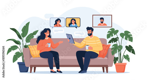 Two friends relax on a sofa at home, enjoying a casual video call and virtual conversation with remote participants.