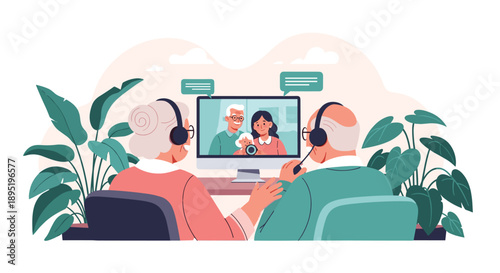 An elderly couple enjoys a video call with their family, including their child and grandchild, fostering intergenerational connection and communication.