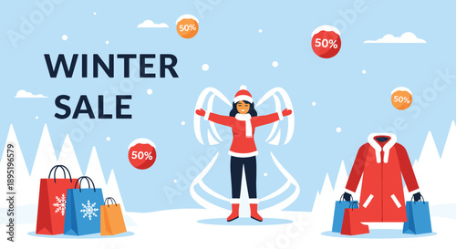 A joyful woman making a snow angel in a snowy landscape, surrounded by shopping bags and a winter coat, promoting a winter sale with 50% discounts.