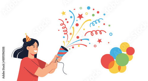 A happy young woman in a party hat releases colorful confetti and streamers from a party popper, celebrating with festive balloons.