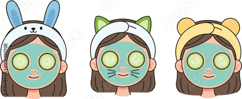 Cute Girls with Facial Mask and Cucumber Slices Spa Treatment Vector Illustration Set