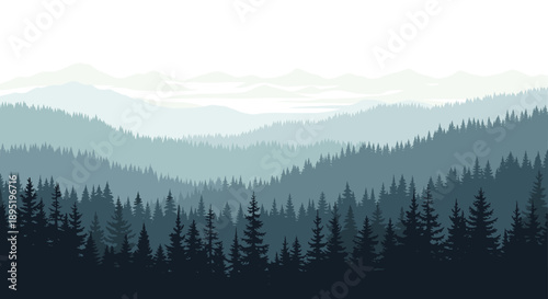 Illustration of a tranquil mountain landscape with a dense coniferous forest in the foreground and layers of misty hills in the distance.