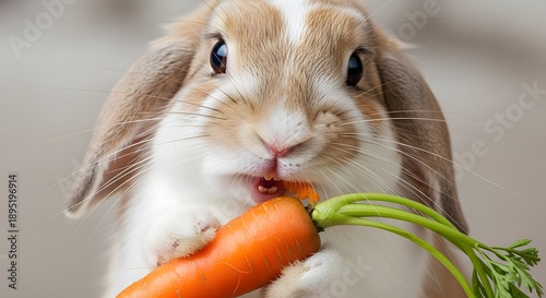 Cute rabbit eating fresh carrot with green leaves