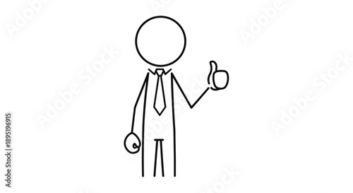Minimalist stick figure businessman giving a thumbs-up gesture, representing agreement and positive feedback, isolated white background.