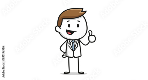 Cheerful cartoon businessman giving a thumbs-up gesture, expressing satisfaction and positivity, isolated white background.